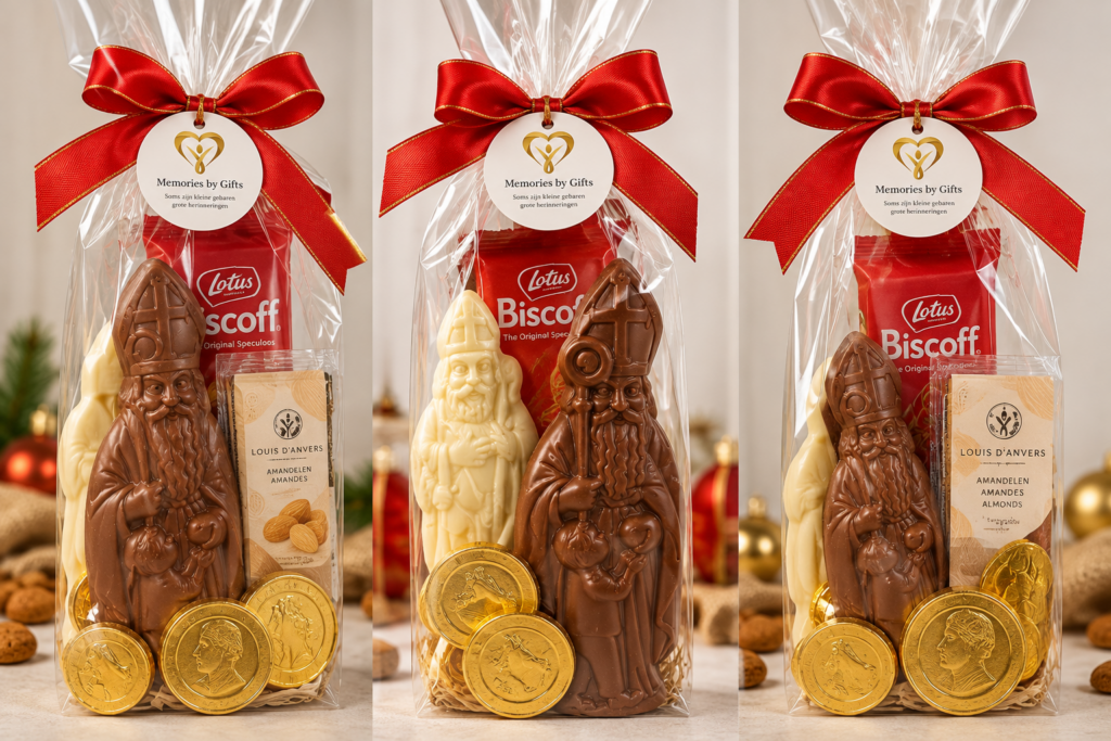 Individueel Sinterklaasgeschenk 2026 met chocolade, Lotus Biscoff, guimauve en gouden chocolademunten – Memories by Gifts