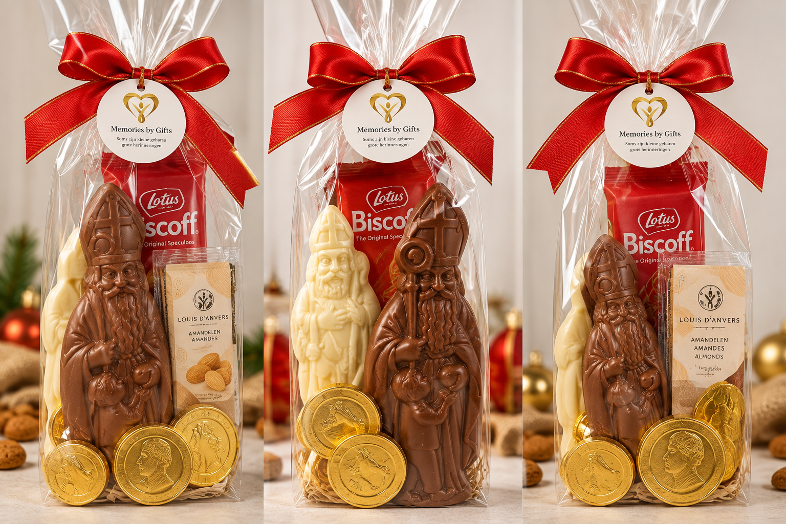 Individueel Sinterklaasgeschenk 2026 met chocolade, Lotus Biscoff, guimauve en gouden chocolademunten – Memories by Gifts