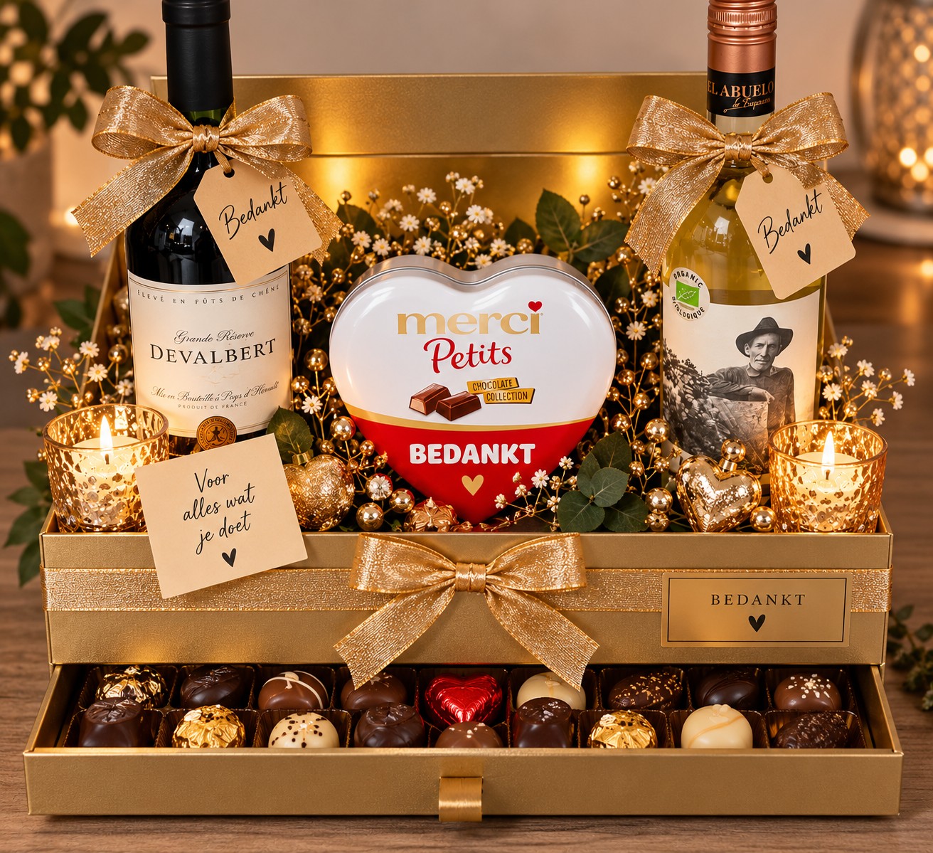 Luxe gouden geschenkbox met lekkernijen